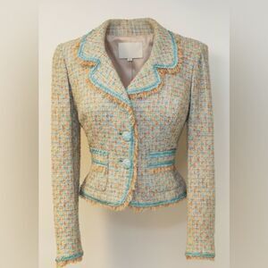 Cynthia Steffe Tweed Fringe Cropped Blazer Teal Orange Multi-Color Jacket NWT S